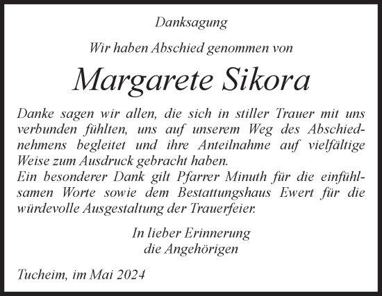 Traueranzeige von Margarete Sikora von Volksstimme Burg/Genthin