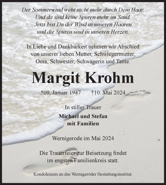 Traueranzeige von Margit Krohm von Volksstimme Wernigerode