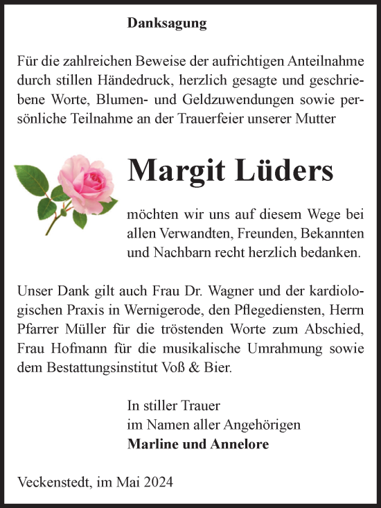 Traueranzeige von Margit Lüders von Volksstimme Wernigerode