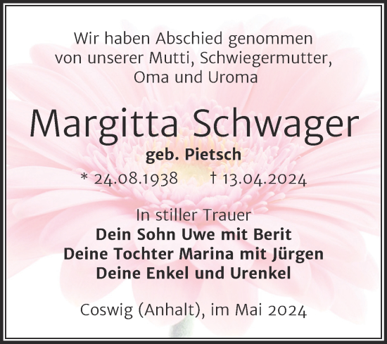 Traueranzeige von Margitta Schwager von Trauerkombi Wittenberg