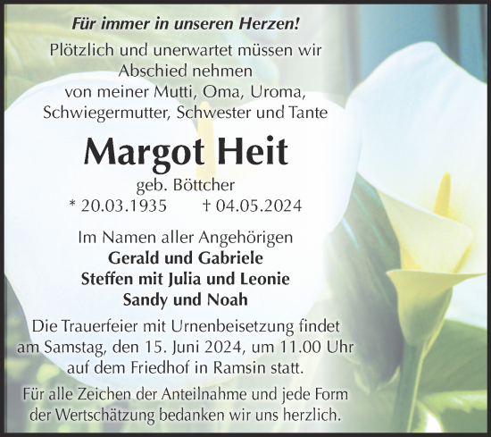 Traueranzeige von Margot Heit von Trauerkombi Bitterfeld