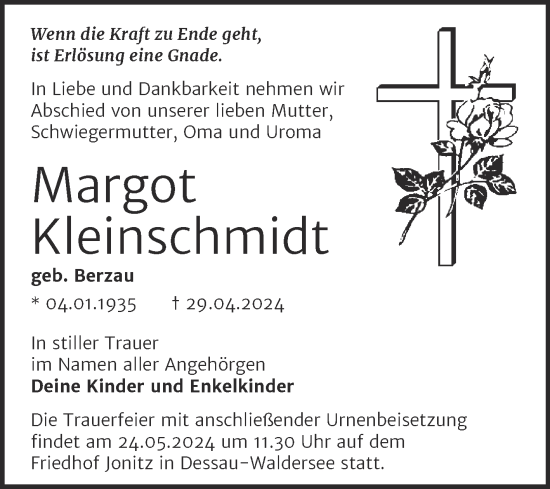 Traueranzeige von Margot Kleinschmidt von Trauerkombi Dessau