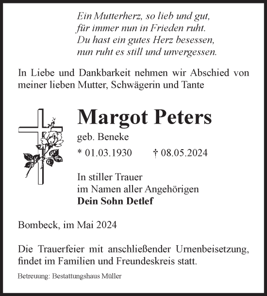 Traueranzeige von Margot Peters von Volksstimme Altmark West