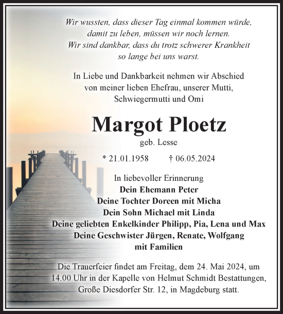 Traueranzeige von Margot Ploetz von Volksstimme Magdeburg