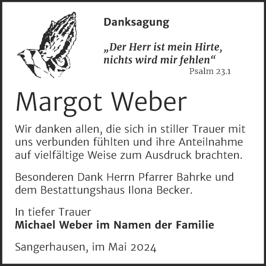 Traueranzeige von Margot Weber von Trauerkombi Sangerhausen