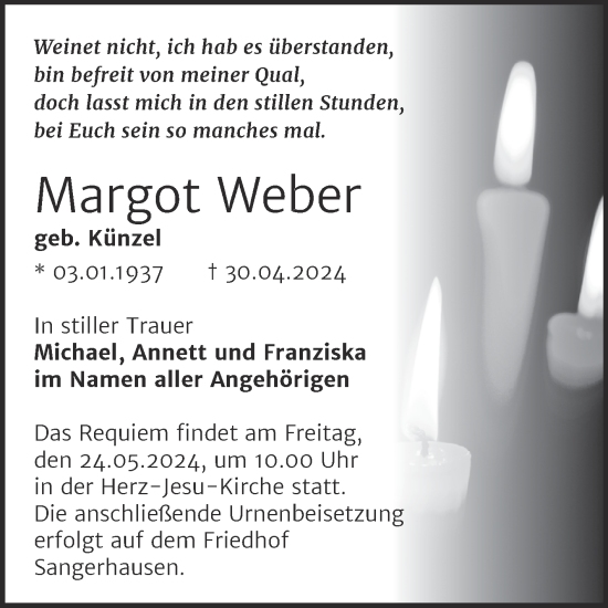 Traueranzeige von Margot Weber von Trauerkombi Sangerhausen