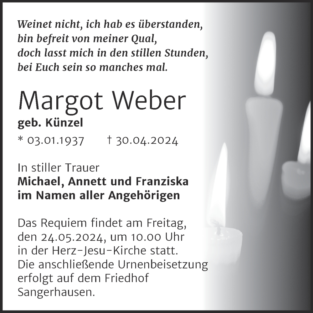  Traueranzeige für Margot Weber vom 14.05.2024 aus Trauerkombi Sangerhausen