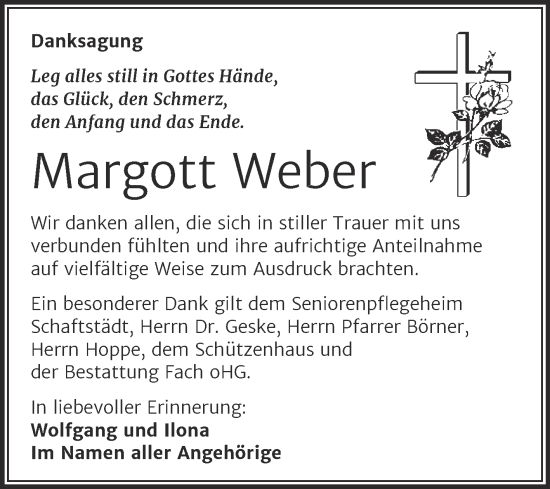 Traueranzeige von Margott Weber von Trauerkombi Merseburg