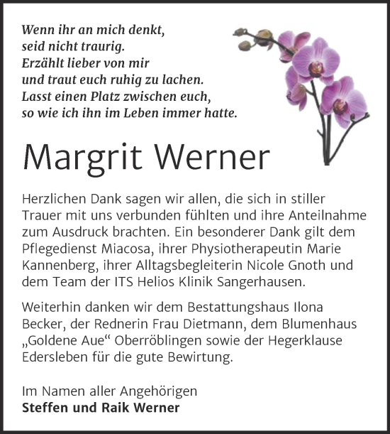 Traueranzeige von Margrit Werner von Trauerkombi Sangerhausen