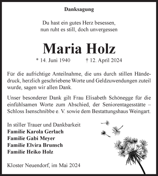 Traueranzeige von Maria Holz von Volksstimme Altmark West