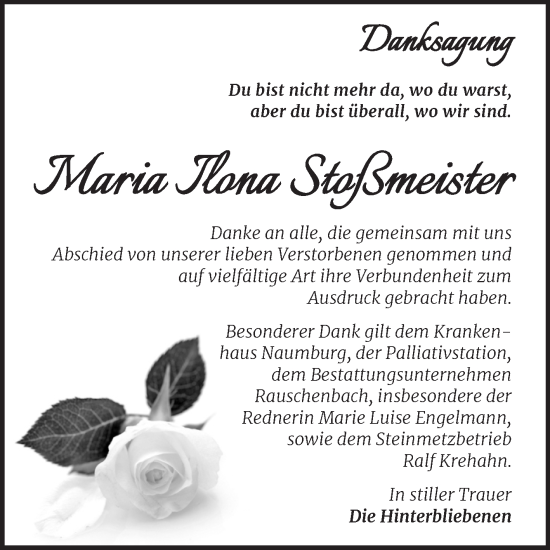 Traueranzeige von Maria Ilona Stoßmeister von Naumburger Tageblatt