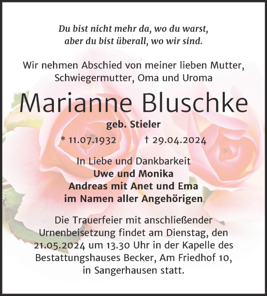 Traueranzeige von Marianne Bluschke von Trauerkombi Sangerhausen