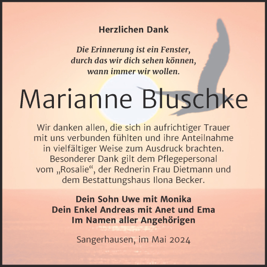 Traueranzeige von Marianne Bluschke von Trauerkombi Sangerhausen