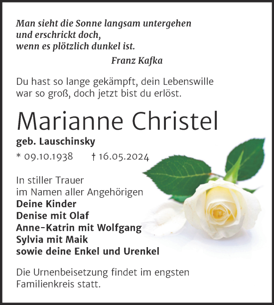 Traueranzeige von Marianne Christel von Trauerkombi Wittenberg