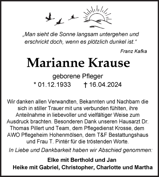 Traueranzeige von Marianne Krause von Trauerkombi Weißenfels