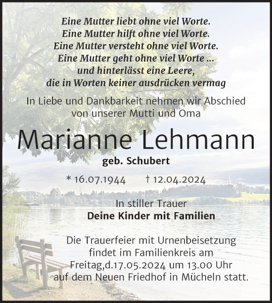 Traueranzeige von Marianne Lehmann von Trauerkombi Merseburg