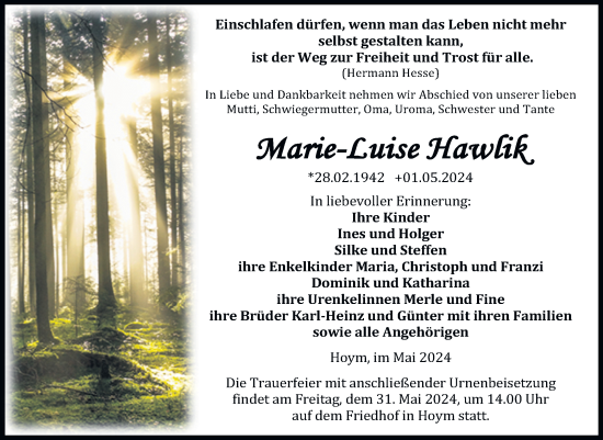 Traueranzeige von Marie-Luise Hawlik von Trauerkombi Aschersleben