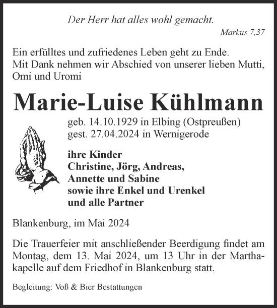 Traueranzeige von Marie-Luise Kühlmann von Volksstimme Wernigerode