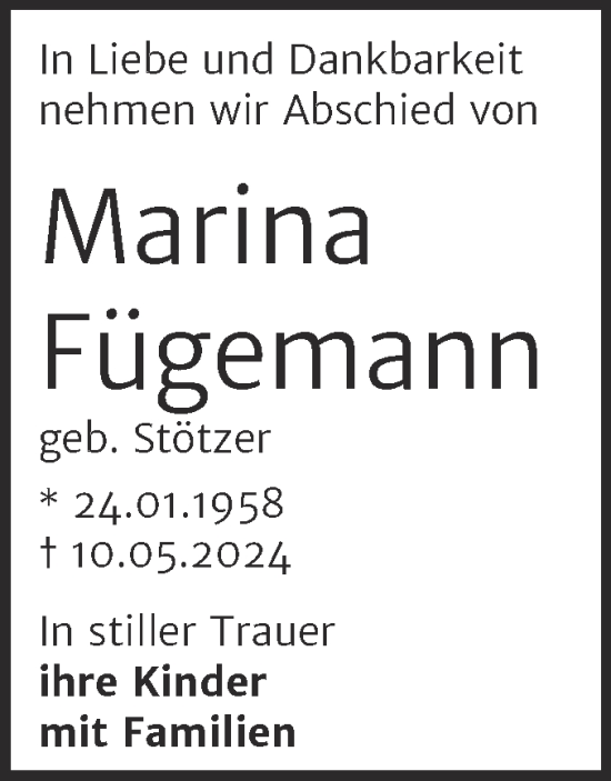 Traueranzeige von Marina Fügemann von Trauerkombi Bernburg