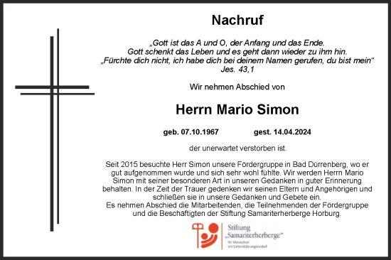 Traueranzeige von Mario Simon von Super Sonntag Merseburg/Querfurt