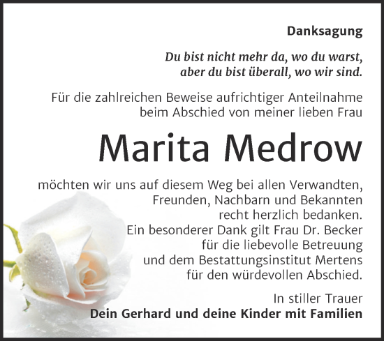 Traueranzeige von Marita Medrow von Super Sonntag Naumburg/Nebra