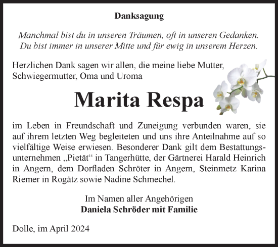 Traueranzeige von Marita Respa von Volksstimme Haldensleben/Wolmirstedt