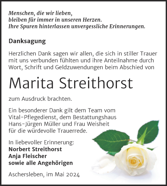 Traueranzeige von Marita Streithorst von Trauerkombi Aschersleben