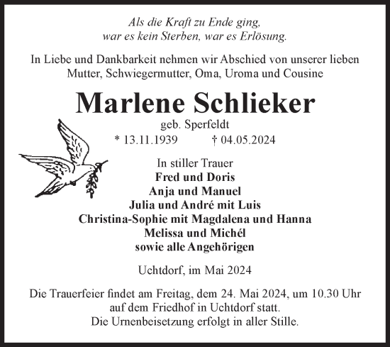 Traueranzeige von Marlene Schlieker von Volksstimme Altmark Ost