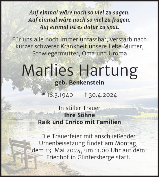 Traueranzeige von Marlies Hartung von Trauerkombi Quedlinburg