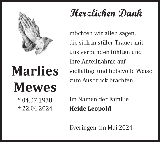 Traueranzeige von Marlies Mewes von Volksstimme Haldensleben/Wolmirstedt