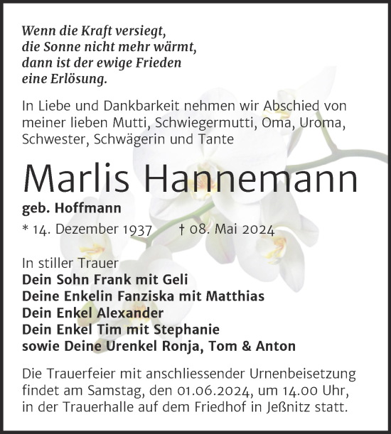Traueranzeige von Marlis Hannemann von Trauerkombi Bitterfeld