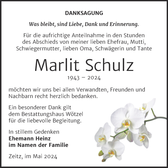 Traueranzeige von Marlit Schulz von Trauerkombi Zeitz