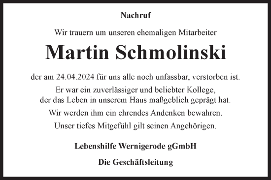 Traueranzeige von Martin Schmolinski von Volksstimme Wernigerode