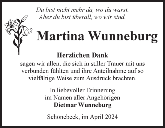 Traueranzeige von Martina Wunneburg von Volksstimme Schönebeck