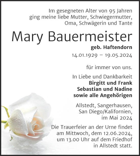Traueranzeige von Mary Bauermeister von Trauerkombi Sangerhausen
