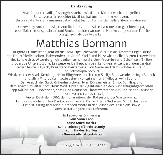 Traueranzeige von Matthias Bormann von Trauerkombi Wittenberg