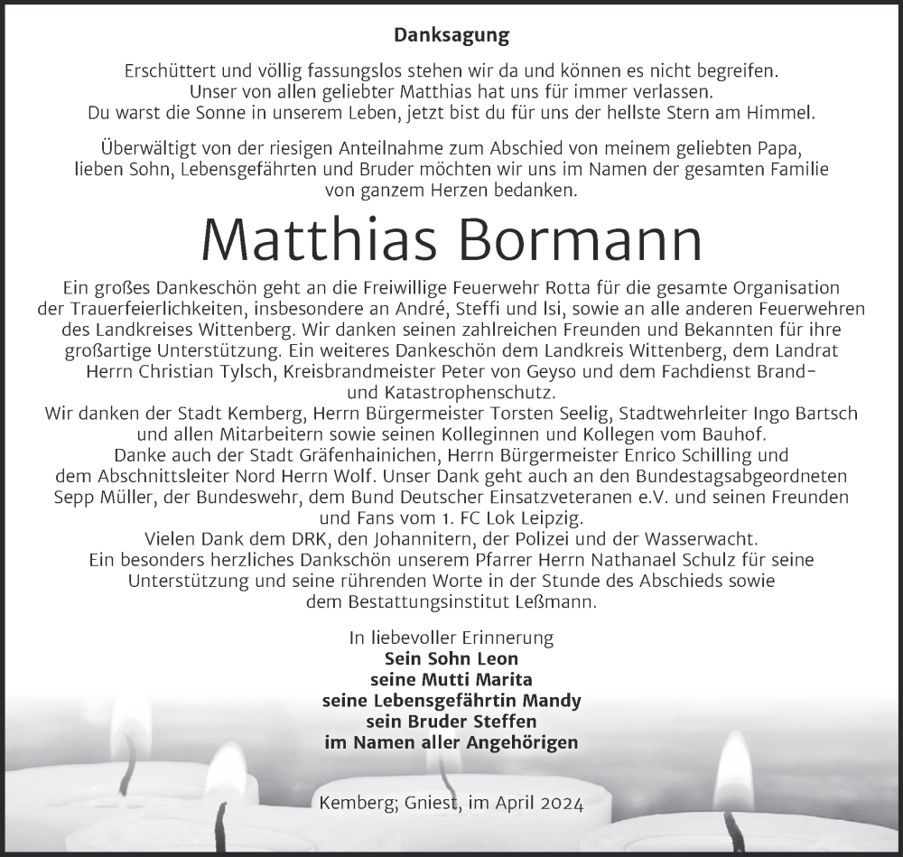  Traueranzeige für Matthias Bormann vom 04.05.2024 aus Trauerkombi Wittenberg