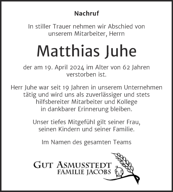 Traueranzeige von Matthias Juhe von Mitteldeutsche Zeitung Quedlingburg