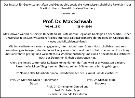 Traueranzeige von Max Schwab von Mitteldeutsche Zeitung Halle/Saalkreis