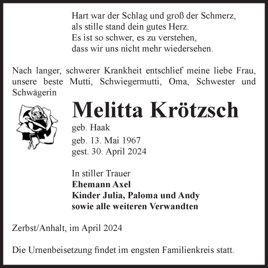 Traueranzeige von Melitta Krötzsch von Volksstimme Zerbst