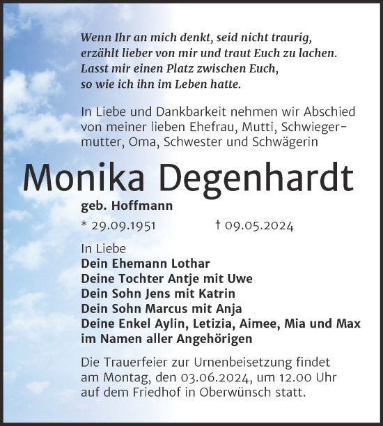 Traueranzeige von Monika Degenhardt von Trauerkombi Merseburg