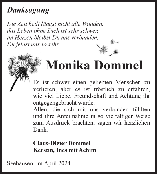 Traueranzeige von Monika Dommel von Volksstimme Altmark Ost