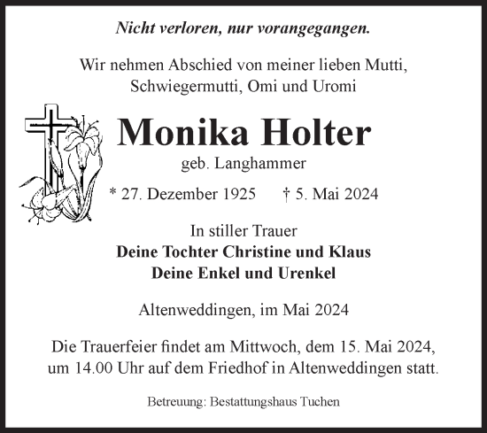 Traueranzeige von Monika Holter von Volksstimme Oschersleben/Wanzleben