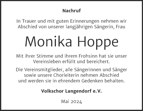 Traueranzeige von Monika Hoppe von Trauerkombi Weißenfels
