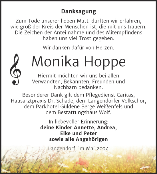 Traueranzeige von Monika Hoppe von Trauerkombi Weißenfels