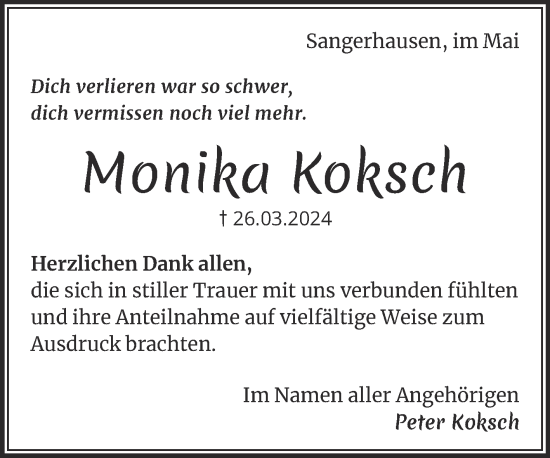 Traueranzeige von Monika Koksch von Trauerkombi Sangerhausen
