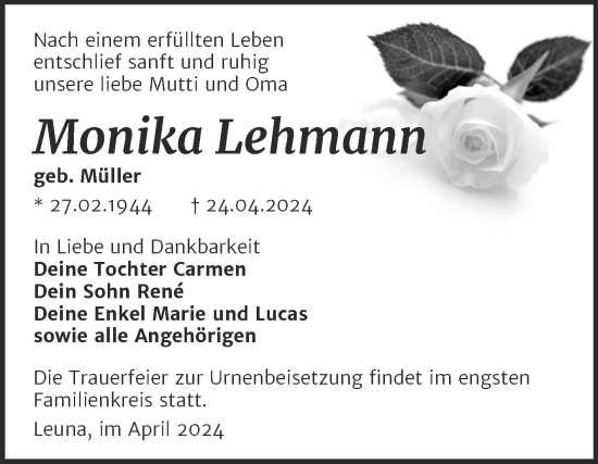 Traueranzeige von Monika Lehmann von Trauerkombi Merseburg