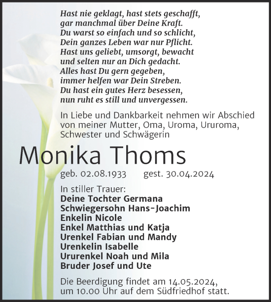 Traueranzeige von Monika Thoms von Mitteldeutsche Zeitung Halle/Saalkreis
