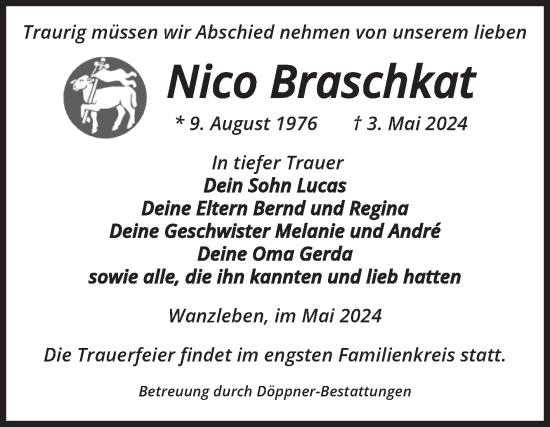 Traueranzeige von Nico Braschkat von Volksstimme Oschersleben/Wanzleben