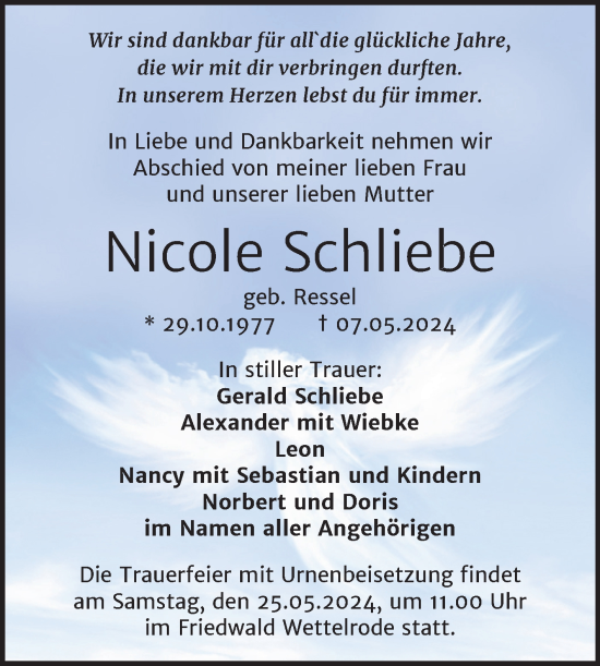 Traueranzeige von Nicole Schliebe von Trauerkombi Sangerhausen